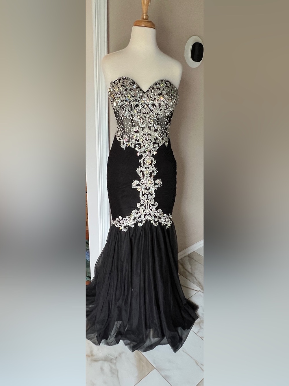 Aspeed Black and Silver Strapless Mermaid Gown with Embellished Bodice
